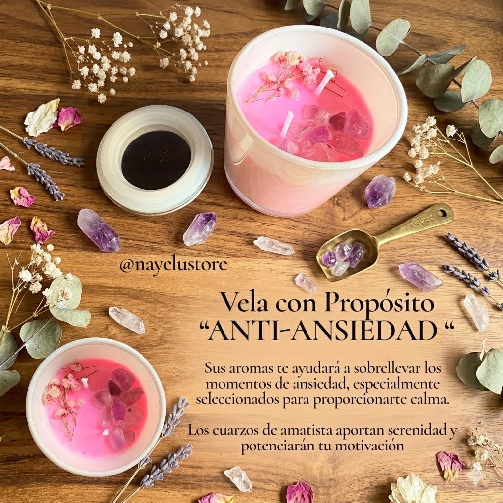 La Vela Anti Ansiedad🕯️💖 está especialmente diseñada para calmar tu mente y reducir la ansiedad. Infundida con el relajante aroma de la lavanda, fresas y rosas y decorada con amatista, esta vela no solo embellece tu espacio, sino que también crea una atmósfera serena que favorece la tranquilidad emocional.

Perfecta para esos momentos en los que necesitas un respiro y un poco de paz interior.

Hecha a mano con cera de soja, sin parafina ni aceite de palma.