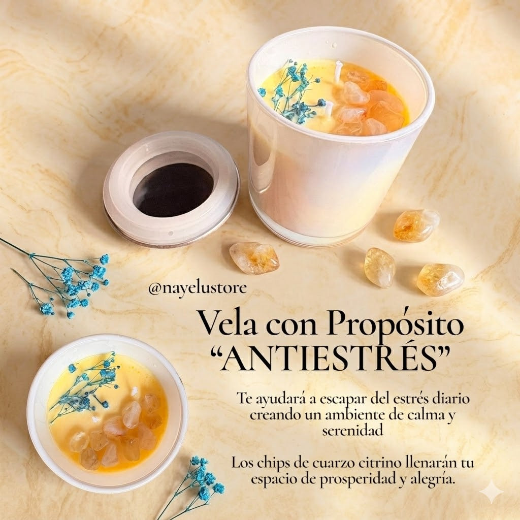Combate el estrés con nuestra Vela Anti Estrés💫. Con un dulce aroma a vainilla y miel y la energía positiva del cuarzo citrino, esta vela transforma cualquier ambiente en un refugio de alegría y bienestar.

Enciéndela después de un largo día y siente cómo la tensión se disuelve, dejando paso a un estado de calma y felicidad.

Hecha a mano con cera de soja, sin parafina ni aceite de palma.