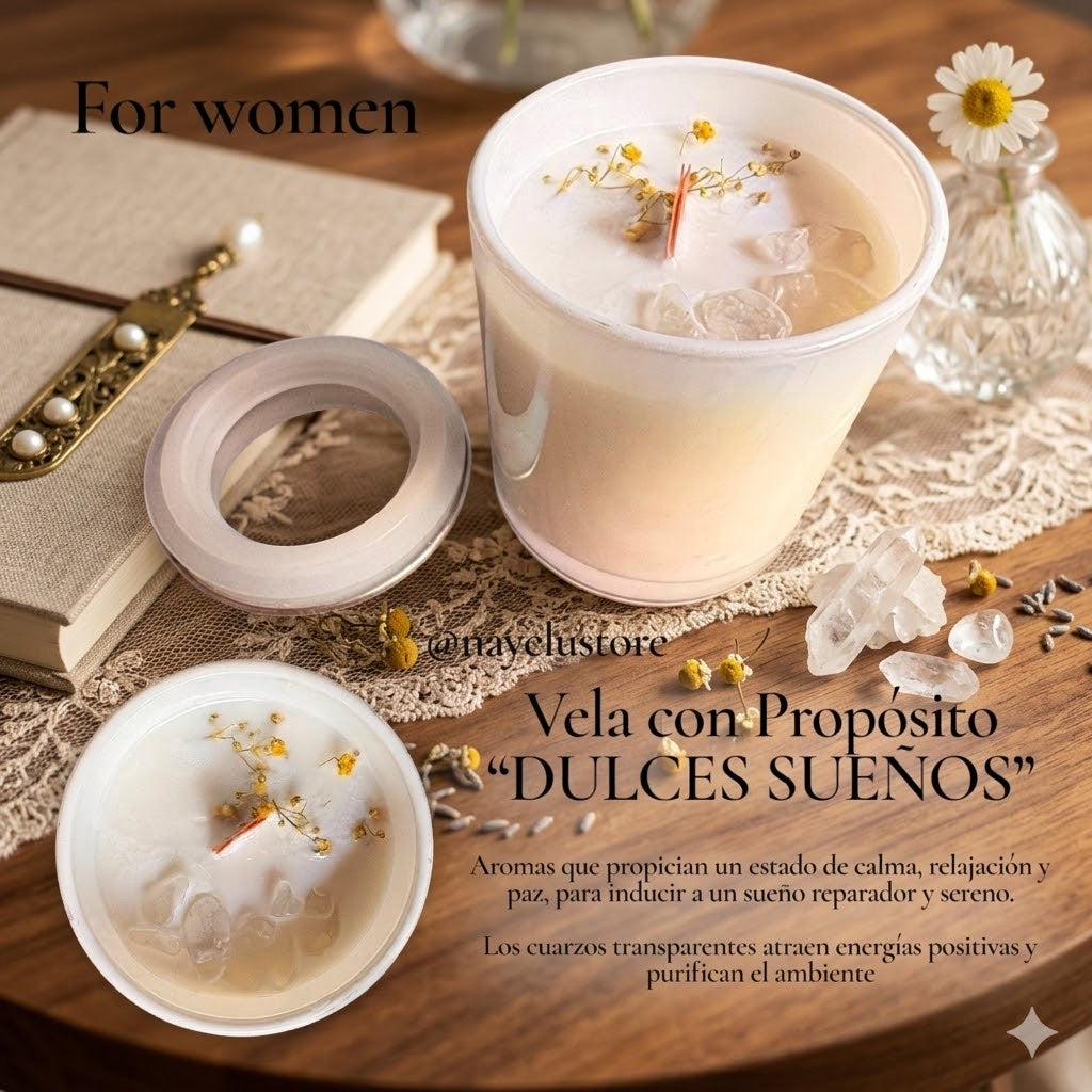 Prepara un ambiente de calma y relajación antes de dormir con la Vela Dormilona🌙😴. Decorada con cuarzo transparente y con la fragancia suave y tranquilizadora del palo santo y el sándalo, esta vela crea un espacio purificado y lleno de paz.

Esta vela te ayudará a crear el momento de tranquilidad perfecto antes de acostarte, propiciando un descanso reparador.

IMPORTANTE: No dejes la vela encendida mientras duermes ya que puede ser peligroso. Úsala ANTES de dormir.

Hecha a mano con cera de soja, sin para