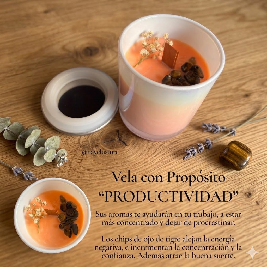 Aumenta tu enfoque y eficiencia con la Vela de Productividad🚀. Infundida con los aromas revitalizantes de naranja y canela y decorada con ojo de tigre, esta vela es tu aliada perfecta para alejar la energía negativa y atraer vibras positivas.

Ideal para el trabajo o proyectos creativos, esta vela incrementa tu concentración y confianza, ayudándote a alcanzar tus metas con mayor facilidad.

Hecha a mano con cera de soja, sin parafina ni aceite de palma.